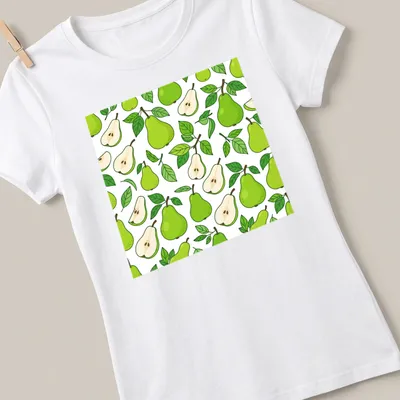 Kawaii style t-shirt featuring a pattern of green pears and leaves — printed on a women's shirt