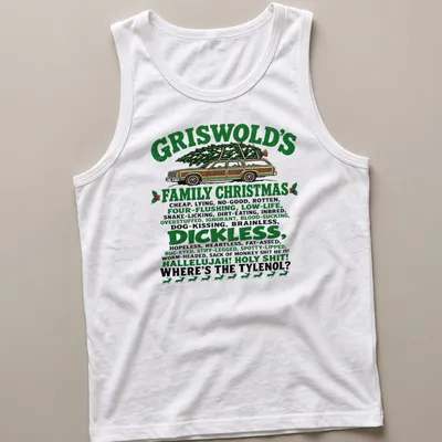 Funny holiday shirt with a chaotic mix of sarcasm and color — printed on a tank top