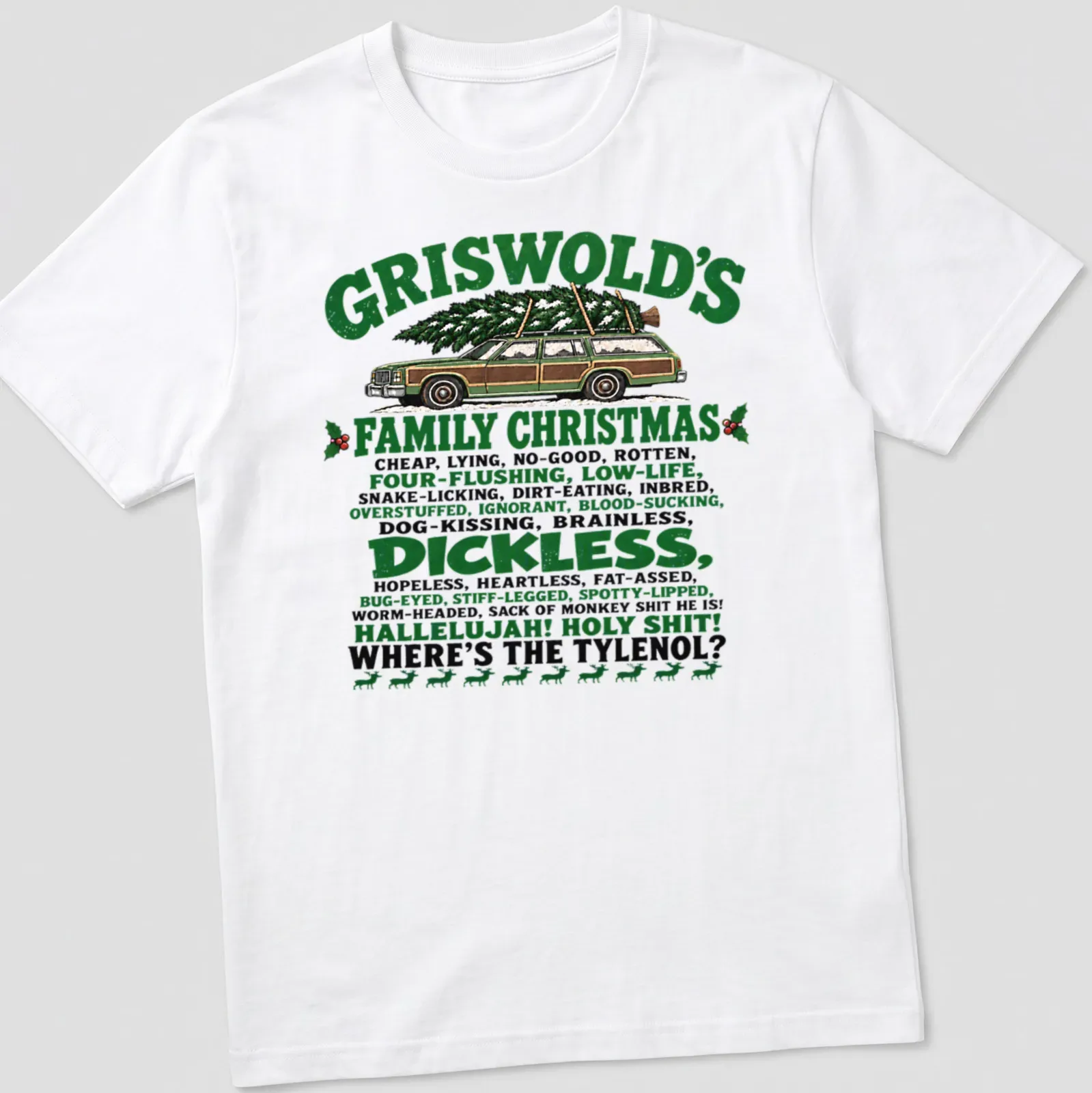 Funny holiday shirt with a chaotic mix of sarcasm and color — printed on a unisex t-shirt