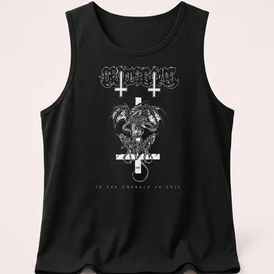 Black and white gothic graphic featuring a grotesque figure with text about evil. — printed on a tank top