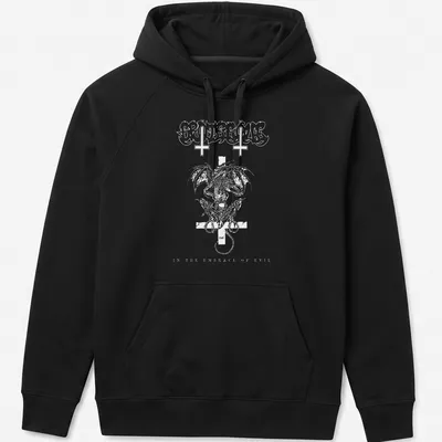 Black and white gothic graphic featuring a grotesque figure with text about evil. — printed on a unisex hoodie