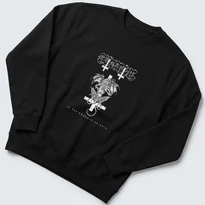 Black and white gothic graphic featuring a grotesque figure with text about evil. — printed on a unisex sweatshirt