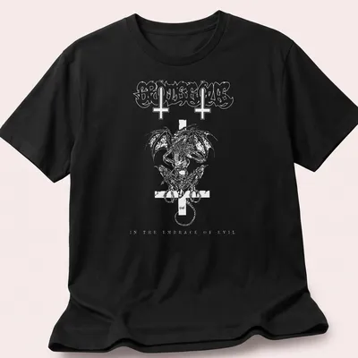 Black and white gothic graphic featuring a grotesque figure with text about evil.