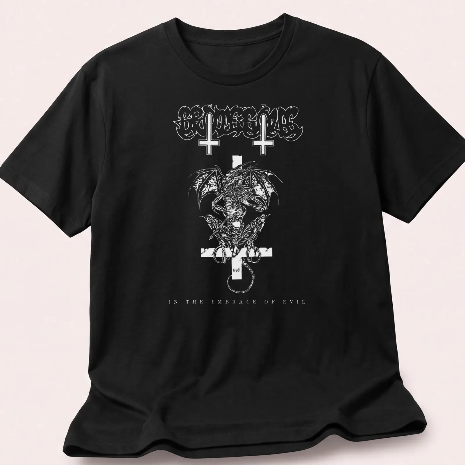 Black and white gothic graphic featuring a grotesque figure with text about evil. — printed on a unisex t-shirt