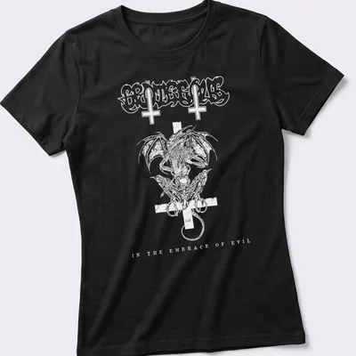 Black and white gothic graphic featuring a grotesque figure with text about evil. — printed on a women's shirt