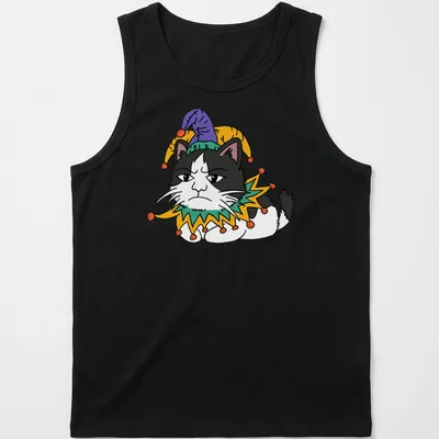 Cartoon Grumpy Cat wearing a jester hat in black, white, green, yellow, and purple — printed on a tank top