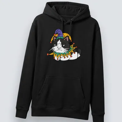 Cartoon Grumpy Cat wearing a jester hat in black, white, green, yellow, and purple — printed on a unisex hoodie