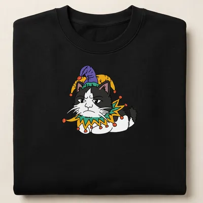 Cartoon Grumpy Cat wearing a jester hat in black, white, green, yellow, and purple — printed on a unisex sweatshirt