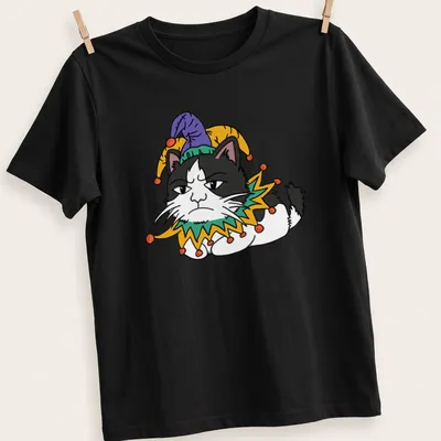 Cartoon Grumpy Cat wearing a jester hat in black, white, green, yellow, and purple