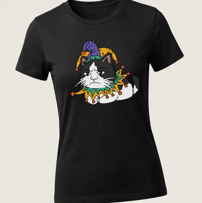 Cartoon Grumpy Cat wearing a jester hat in black, white, green, yellow, and purple — printed on a women's shirt