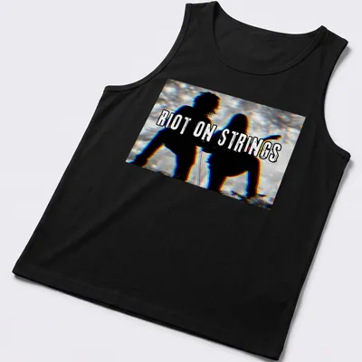 Grunge style T-shirt with silhouettes of guitar players and the text Riot On Strings — printed on a tank top