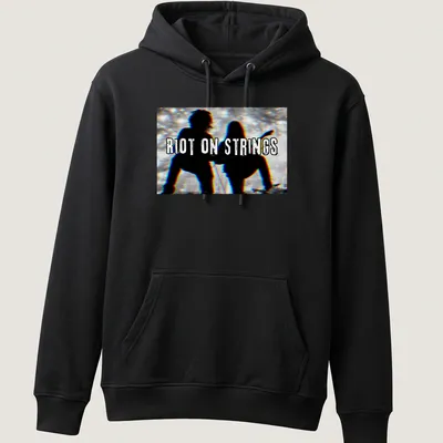 Grunge style T-shirt with silhouettes of guitar players and the text Riot On Strings — printed on a unisex hoodie