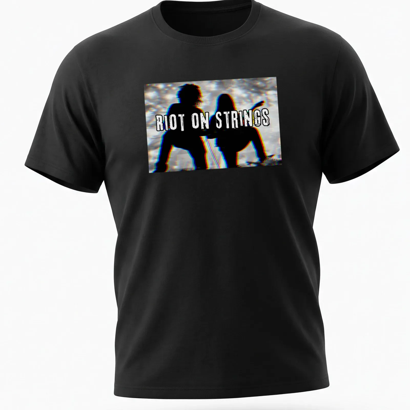 Grunge style T-shirt with silhouettes of guitar players and the text Riot On Strings — printed on a unisex t-shirt