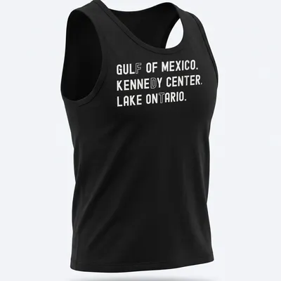 Vintage retro t-shirt featuring Gulf of Mexico, Kennedy Center, and Lake Ontario text — printed on a tank top