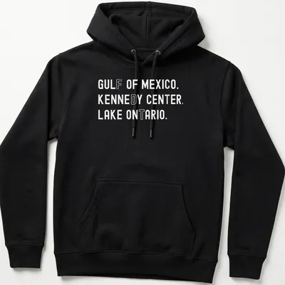 Vintage retro t-shirt featuring Gulf of Mexico, Kennedy Center, and Lake Ontario text — printed on a unisex hoodie