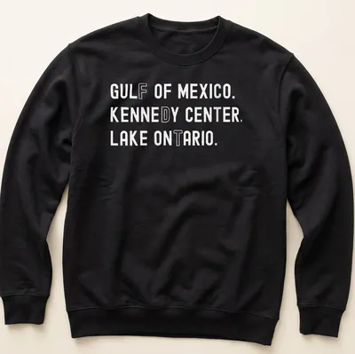 Vintage retro t-shirt featuring Gulf of Mexico, Kennedy Center, and Lake Ontario text — printed on a unisex sweatshirt