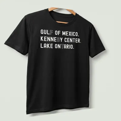 Vintage retro t-shirt featuring Gulf of Mexico, Kennedy Center, and Lake Ontario text — printed on a unisex t-shirt (angled view)