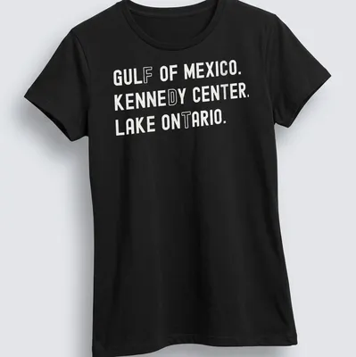 Vintage retro t-shirt featuring Gulf of Mexico, Kennedy Center, and Lake Ontario text — printed on a women's shirt