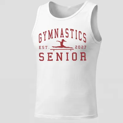 Bold collegiate Gymnastics Senior 2027 t-shirt with a gymnast graphic — printed on a tank top