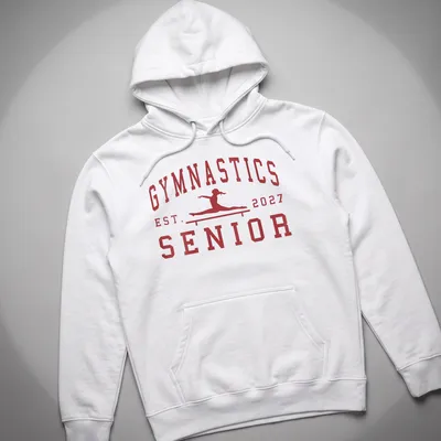 Bold collegiate Gymnastics Senior 2027 t-shirt with a gymnast graphic — printed on a unisex hoodie