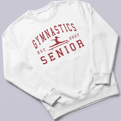 Bold collegiate Gymnastics Senior 2027 t-shirt with a gymnast graphic — printed on a unisex sweatshirt