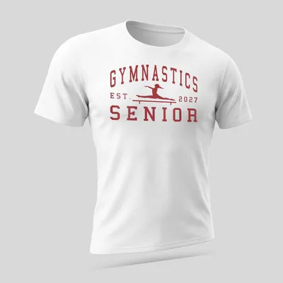 Bold collegiate Gymnastics Senior 2027 t-shirt with a gymnast graphic — printed on a unisex t-shirt (angled view)