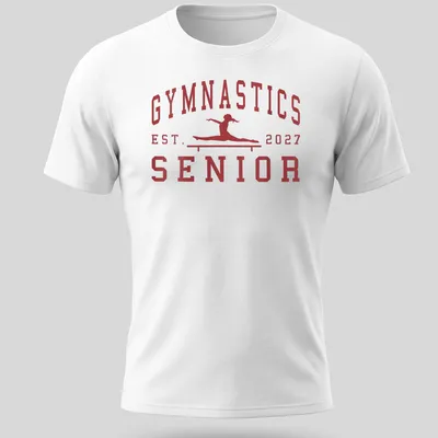Bold collegiate Gymnastics Senior 2027 t-shirt with a gymnast graphic