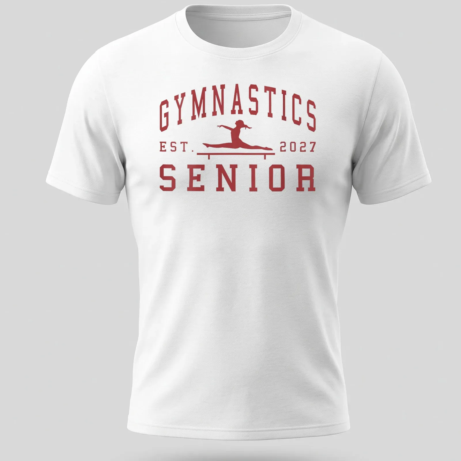 Bold collegiate Gymnastics Senior 2027 t-shirt with a gymnast graphic — printed on a unisex t-shirt