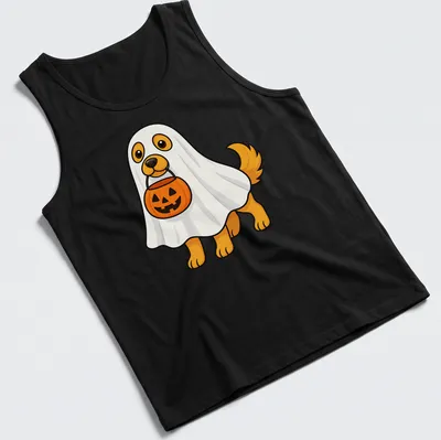 Kawaii style T-shirt featuring a dog in a ghost costume asking for candy — printed on a tank top