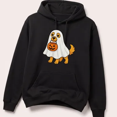 Kawaii style T-shirt featuring a dog in a ghost costume asking for candy — printed on a unisex hoodie