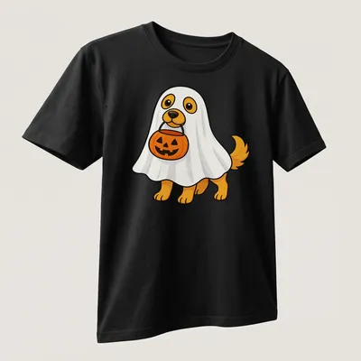 Kawaii style T-shirt featuring a dog in a ghost costume asking for candy — printed on a unisex t-shirt (angled view)