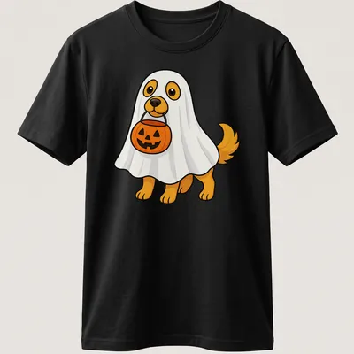 Kawaii style T-shirt featuring a dog in a ghost costume asking for candy