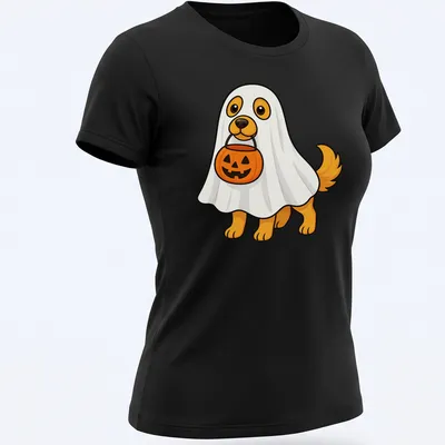 Kawaii style T-shirt featuring a dog in a ghost costume asking for candy — printed on a women's shirt