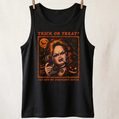 Vintage comic-style shirt with a doll face, glass, and cigarette. — printed on a tank top