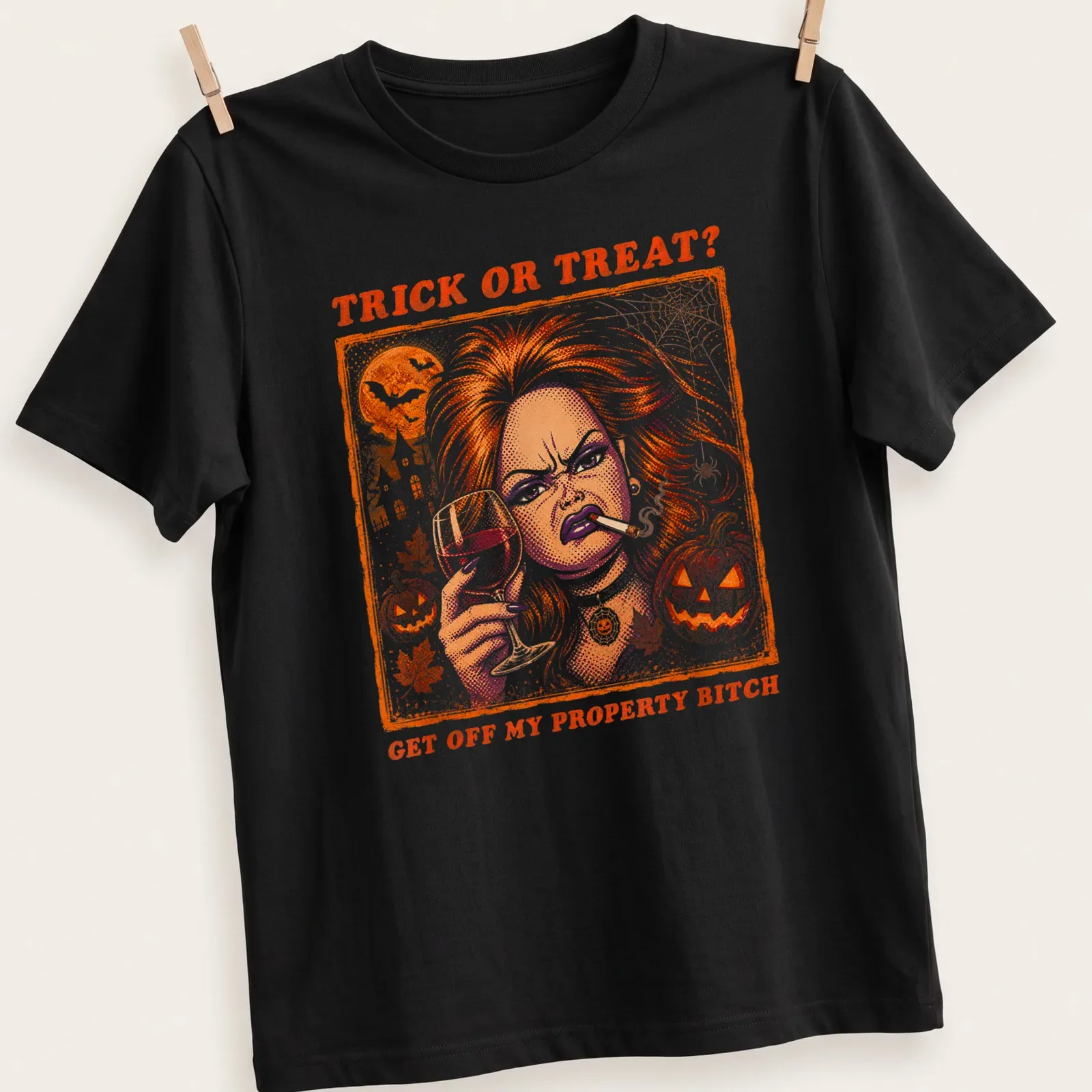 Vintage comic-style shirt with a doll face, glass, and cigarette. — printed on a unisex t-shirt