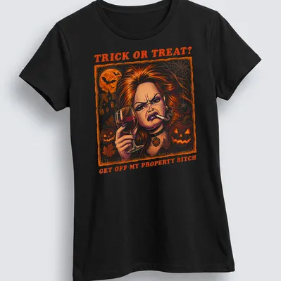 Vintage comic-style shirt with a doll face, glass, and cigarette. — printed on a women's shirt