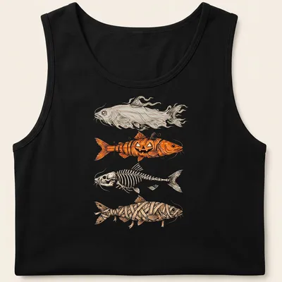 Illustrative Halloween fish adorned with pumpkin, skeleton, and ghost motifs — printed on a tank top
