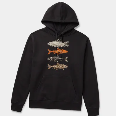 Illustrative Halloween fish adorned with pumpkin, skeleton, and ghost motifs — printed on a unisex hoodie