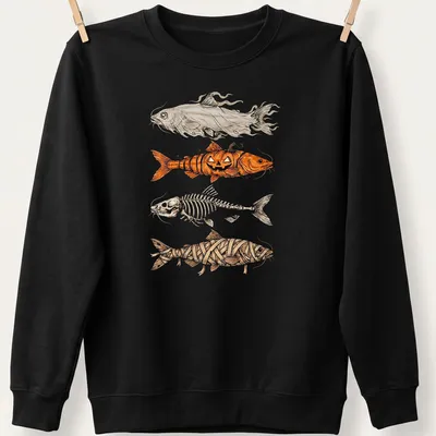 Illustrative Halloween fish adorned with pumpkin, skeleton, and ghost motifs — printed on a unisex sweatshirt
