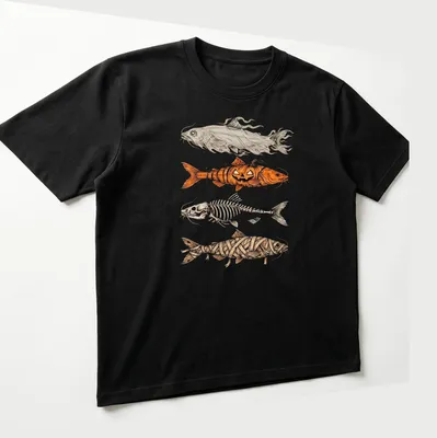 Illustrative Halloween fish adorned with pumpkin, skeleton, and ghost motifs — printed on a unisex t-shirt (angled view)