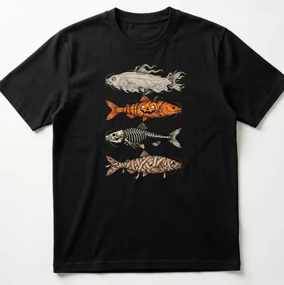 Illustrative Halloween fish adorned with pumpkin, skeleton, and ghost motifs
