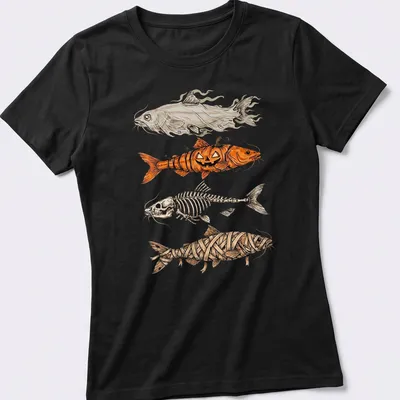 Illustrative Halloween fish adorned with pumpkin, skeleton, and ghost motifs — printed on a women's shirt