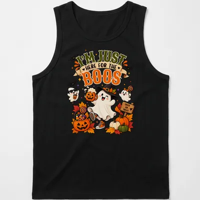 Kawaii illustration of a friendly ghost with pumpkins and candy saying I'm Just Here For The Boos — printed on a tank top