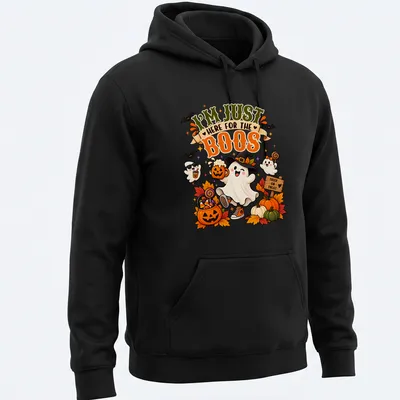 Kawaii illustration of a friendly ghost with pumpkins and candy saying I'm Just Here For The Boos — printed on a unisex hoodie