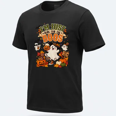 Kawaii illustration of a friendly ghost with pumpkins and candy saying I'm Just Here For The Boos — printed on a unisex t-shirt
