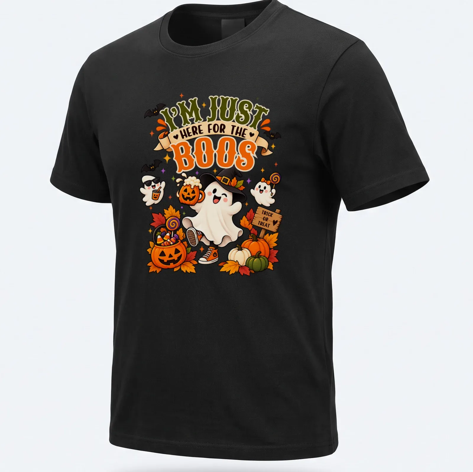 Kawaii illustration of a friendly ghost with pumpkins and candy saying I'm Just Here For The Boos — printed on a unisex t-shirt