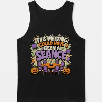 Colorful cartoon design featuring a séance scene with the text about meetings. — printed on a tank top