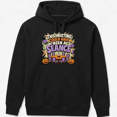 Colorful cartoon design featuring a séance scene with the text about meetings. — printed on a unisex hoodie