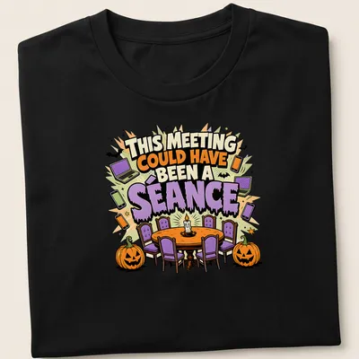 Colorful cartoon design featuring a séance scene with the text about meetings.