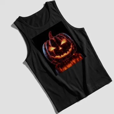 3D wireframe pumpkin design in orange, black, and yellow for Halloween — printed on a tank top